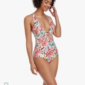 LIORA Floral Print Deep V Neck Ring Front and Back One Piece Swimsuit